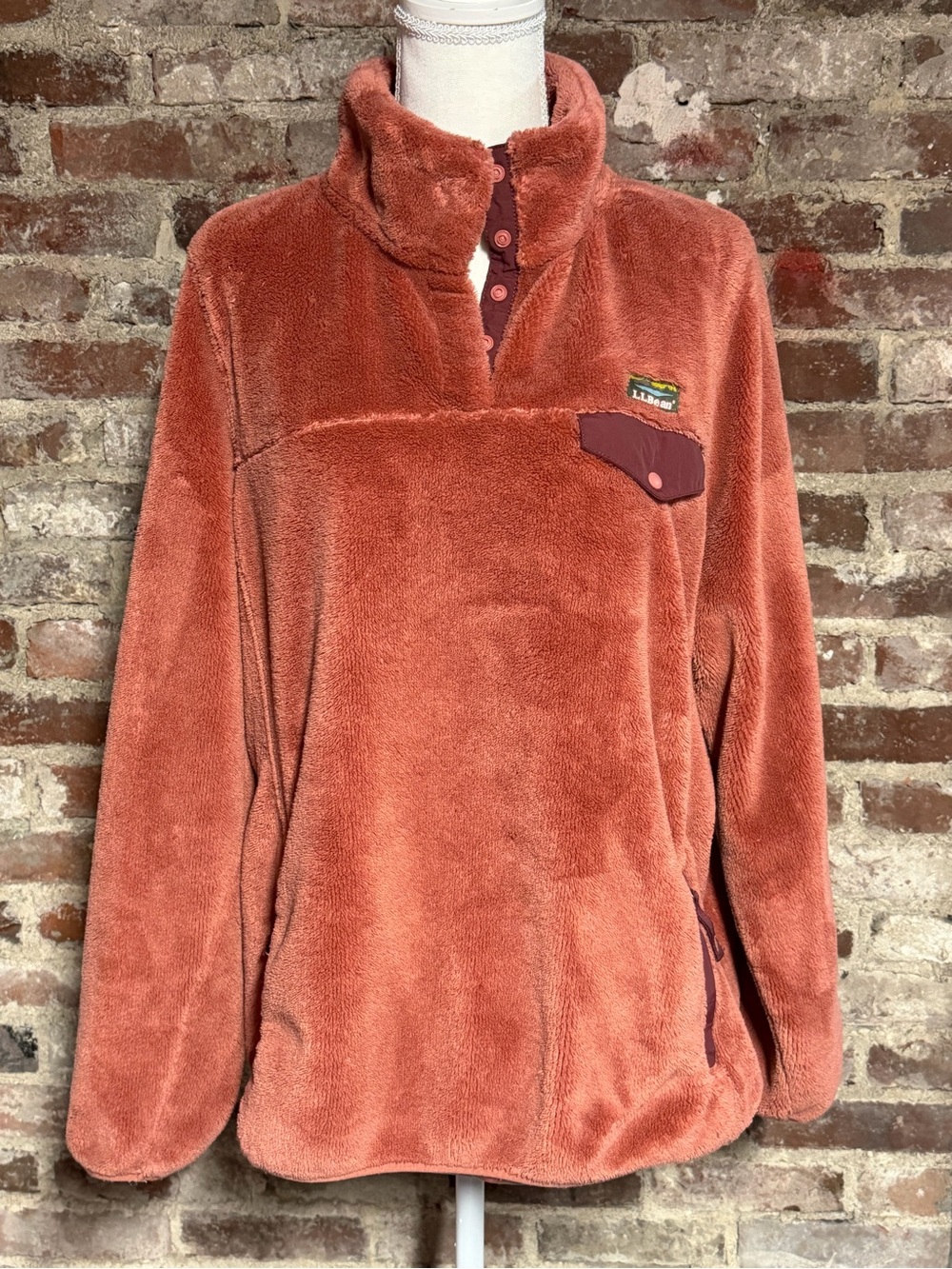 L.L.Bean High-Pile Fleece Snap Pullover | Terra Cotta Pink/Burgundy | Size XL